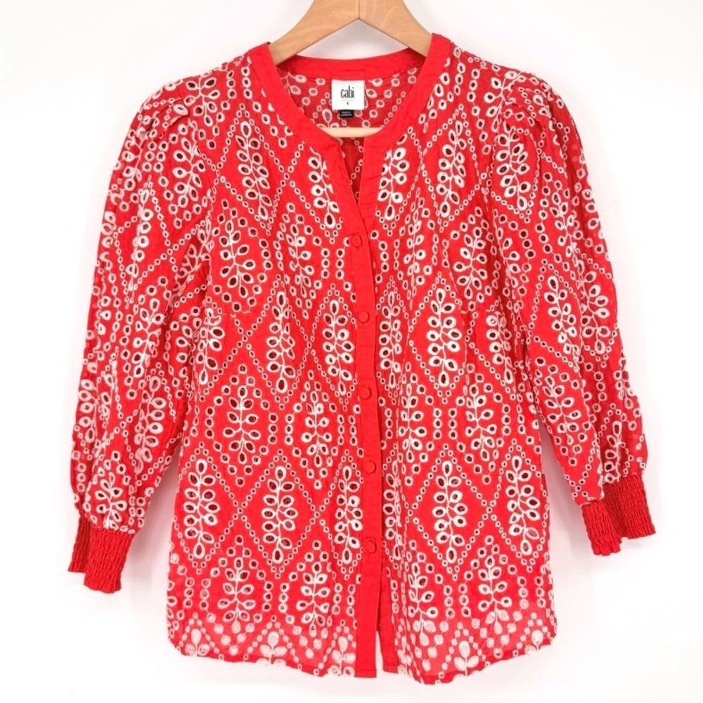Cabi Lyric‎ Red Eyelet Embroidered Button Front Blouse Smocked Cuff Cottage S